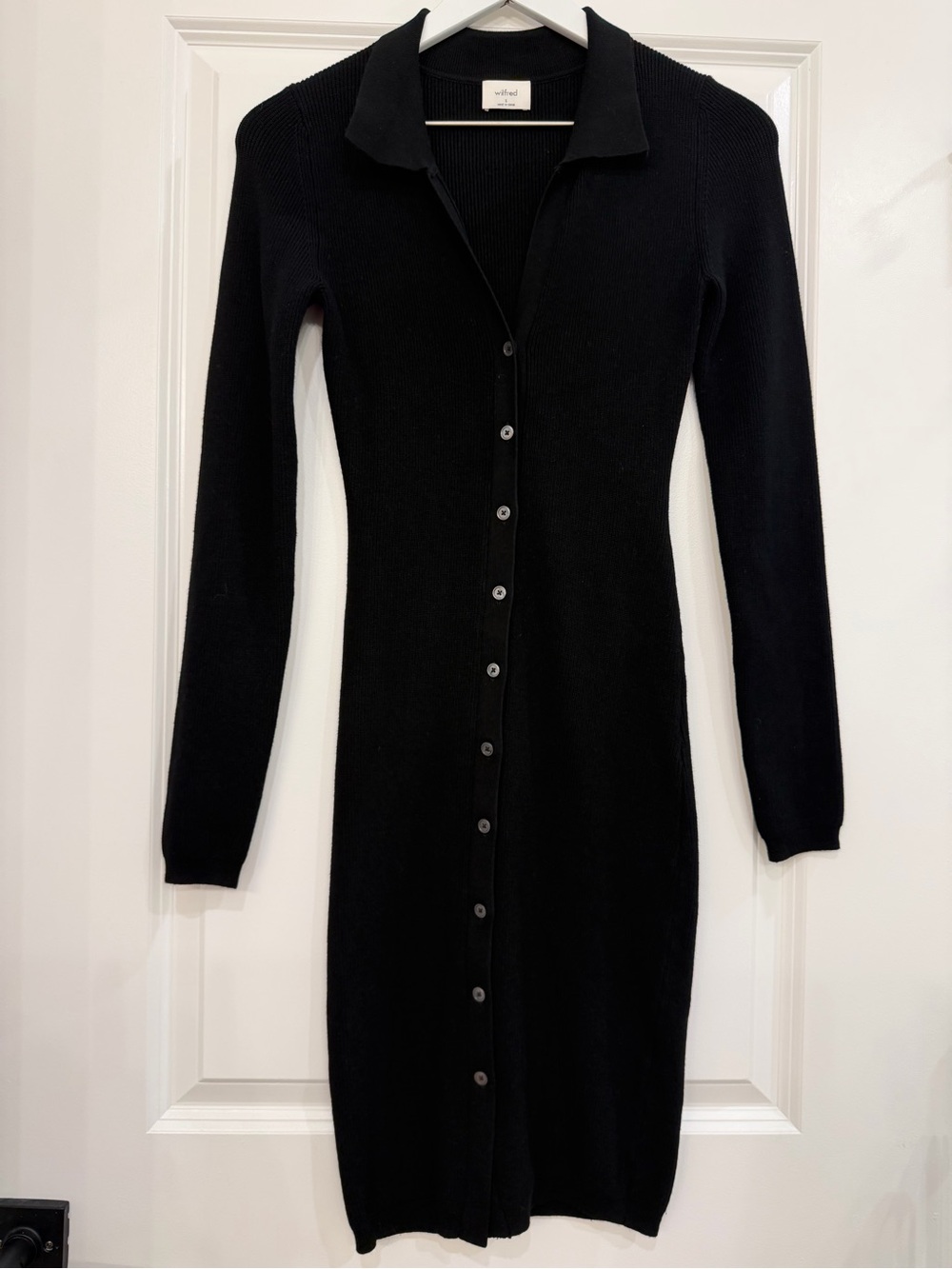 Wilfred Aritzia Black Ribbed Knit Button Front Collared Midi Sweater Dress S